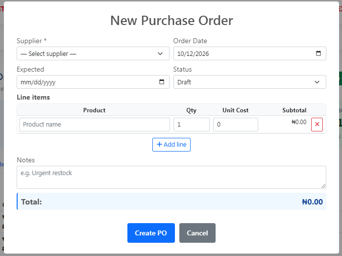 New Purchase Order Page